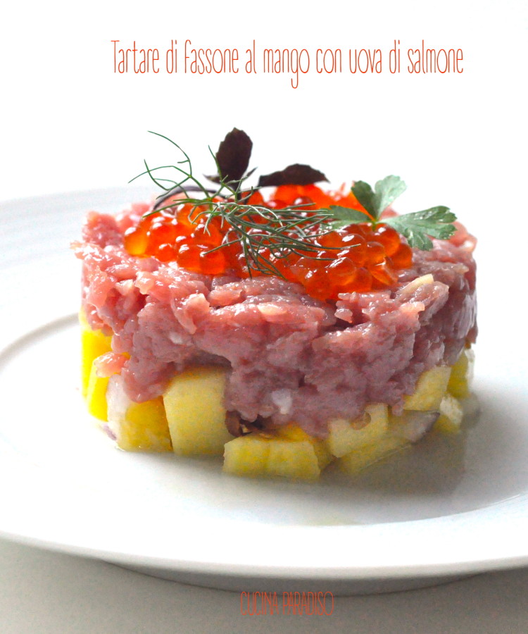 Tartare di fassone al mango con uova di salmone